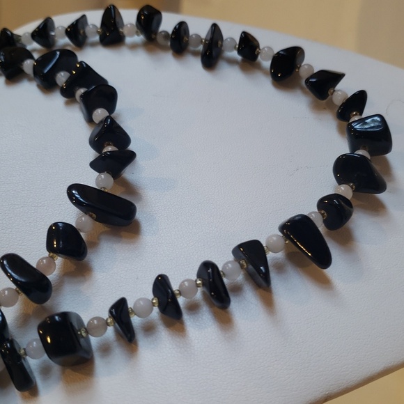 STERLING SILVER QUARTZ ONYX LAYERING STACK NECKLACE LONG - Picture 5 of 6